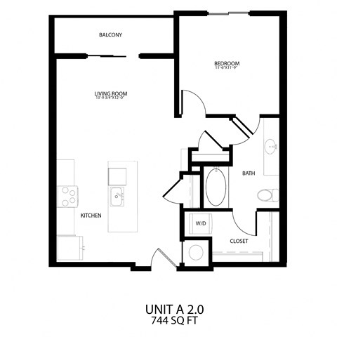 Floor plan for 1 bed, 1 bath, 744 sqft